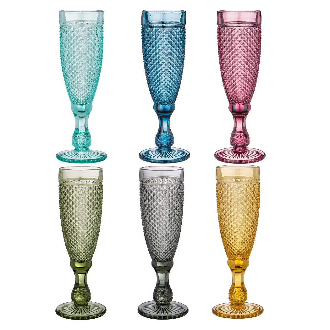 Цветные стеклянные фужеры для шампанского набор 6 шт